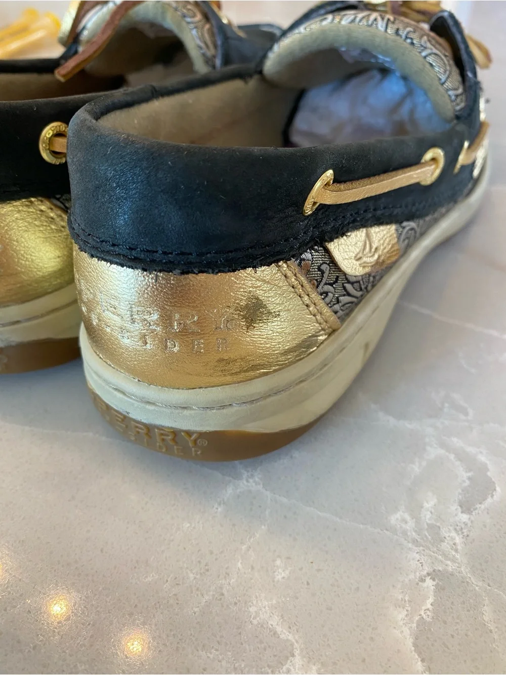 Sperry Women’s Angelfish Top-Sider Black & Gold Paisley Leather Boat Shoes size8
